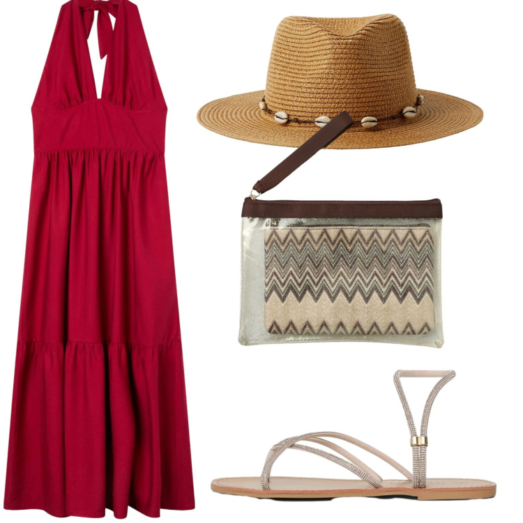 Outfit donna - Terranova - Island of summer. Stile Glamour per Tutti i giorni. Abbinamento con vestiti lunghi, cappelli, sandali, pochette.