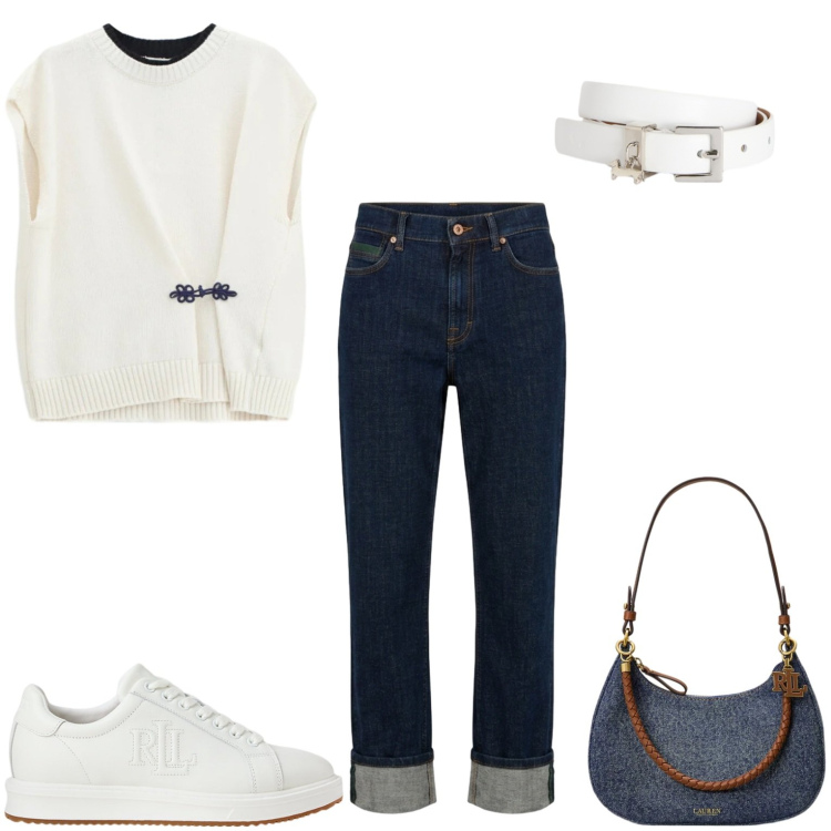 Outfit donna - Every day. Stile Casual per Tutti i giorni. Abbinamento con cinture, jeans dritti, sneakers, borse a spalla, top.