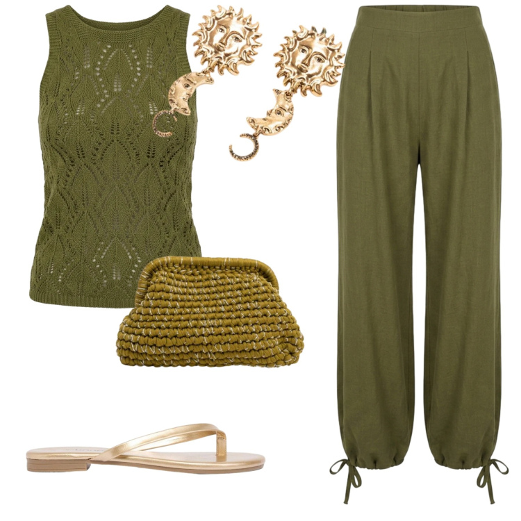 Outfit donna - Total look #2421160. Stile Etnico per Tutti i giorni. Abbinamento con sandali, pantaloni a palazzo, clutch, canottiere, orecchini.