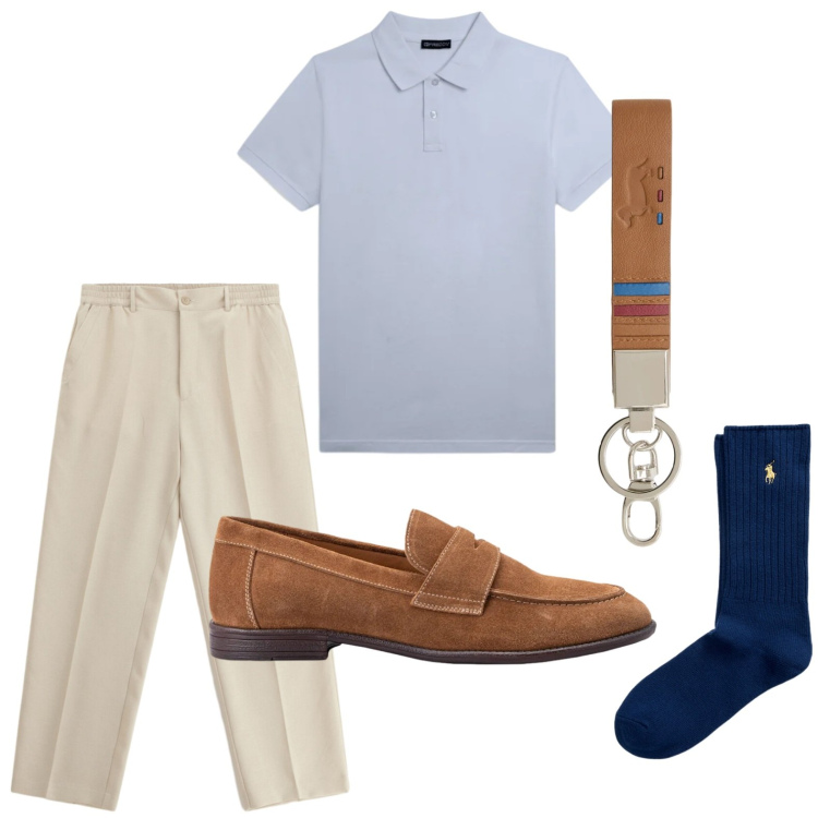 Outfit uomo - Il ritorno della polo. Stile Casual per Ufficio. Abbinamento con pantaloni, portachiavi, polo, calzini, scarpe stringate.
