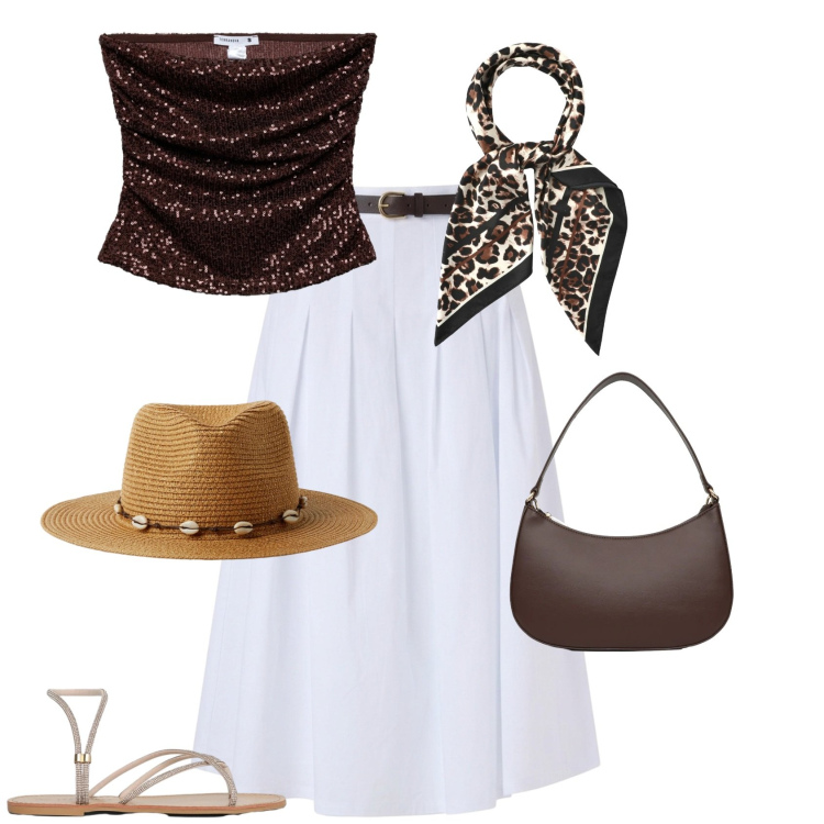 Outfit donna - Chic aperitivo al mare o in città. Stile Chic per Serata fuori. Abbinamento con gonne longuette, top, cappelli, foulard, sandali, borse a tracolla.