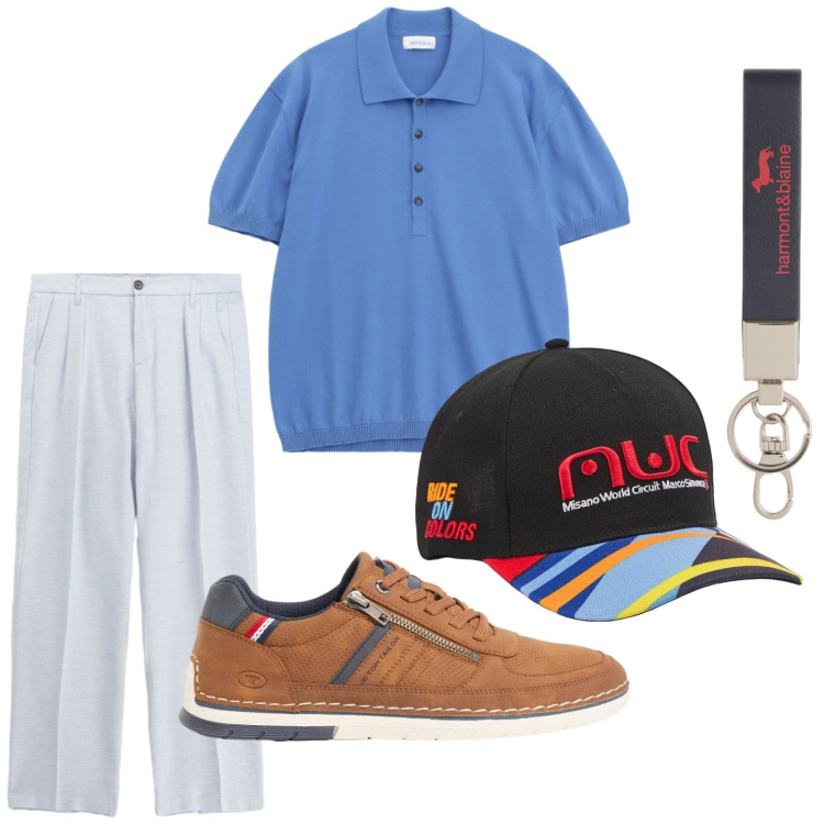 Outfit uomo - ritorno della polo. Stile Trendy per Tutti i giorni. Abbinamento con sneakers, portachiavi, cappelli con visiera, polo, pantaloni.
