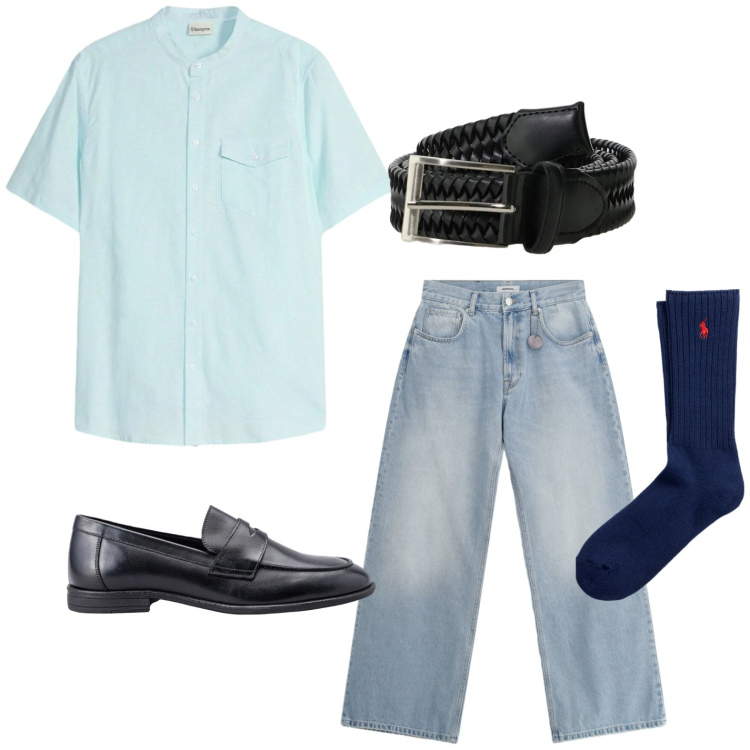 Outfit uomo - Estate in denim chiaro. Stile Casual per Tutti i giorni. Abbinamento con camicie a manica corta, calzini, scarpe stringate, jeans, cinture.