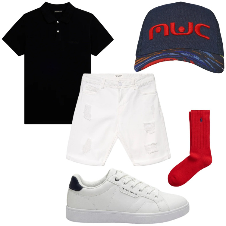 Outfit uomo - Sneakers bianche d’estate. Stile Trendy per Tutti i giorni. Abbinamento con sneakers, cappelli con visiera, bermuda, polo, calzini.
