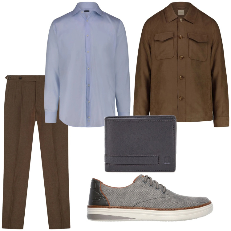 Outfit uomo - Business & everyday style. Stile Casual per Ufficio. Abbinamento con pantaloni, portafogli, cappotti, camicie, sneakers.