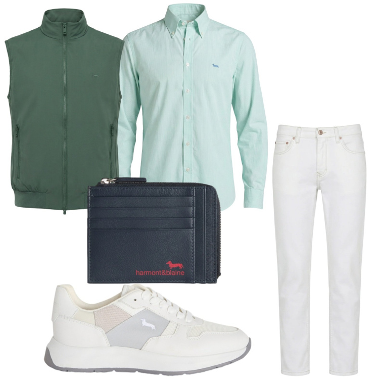 Outfit uomo - Smart casual italiano. Stile Trendy per Tutti i giorni. Abbinamento con jeans, sneakers, camicie, gilet, portamonete.