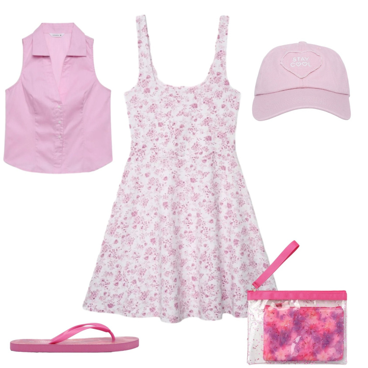 Outfit donna - Romantica al mare. Stile Romantica per Tutti i giorni. Abbinamento con vestiti corti, pochette, cappelli, infradito, camicie a manica corta.