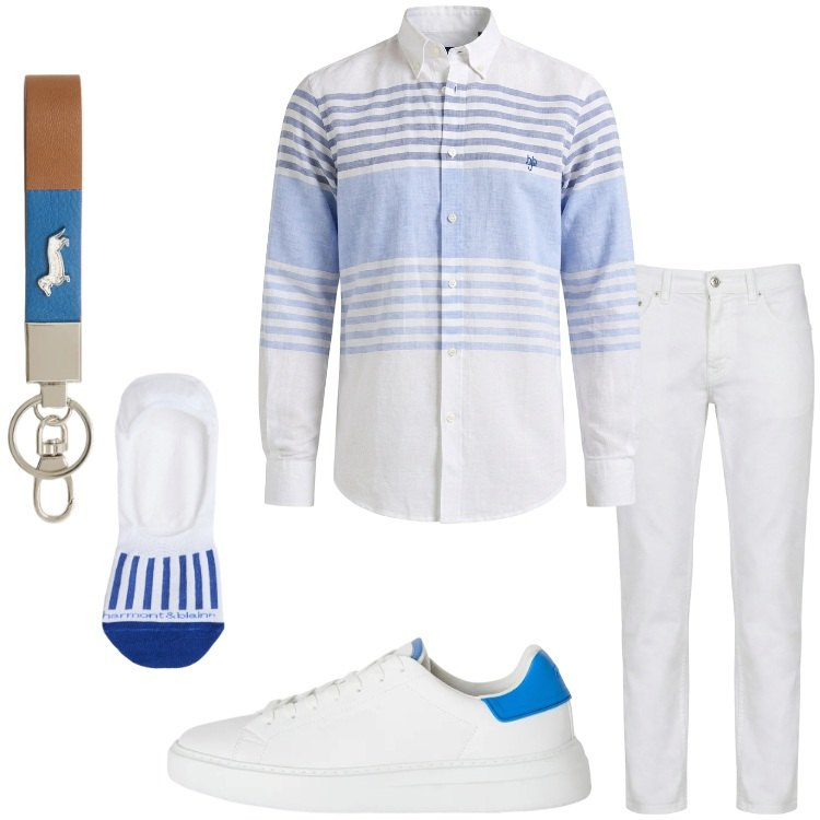 Outfit uomo - Smart casual italiano. Stile Casual per Serata speciale. Abbinamento con portachiavi, sneakers, pantaloni, calzini, camicie.