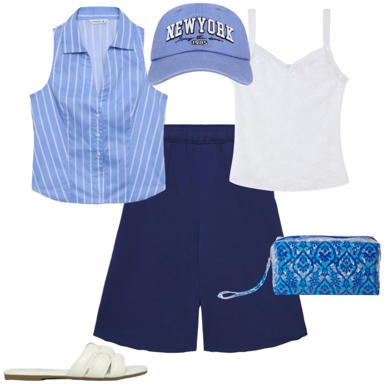 Outfit donna - Casual chic ogni giorno. Stile Casual chic per Tutti i giorni. Abbinamento con pantaloni corti, cappelli, valigie, ciabatte, camicie a manica corta, canottiere.