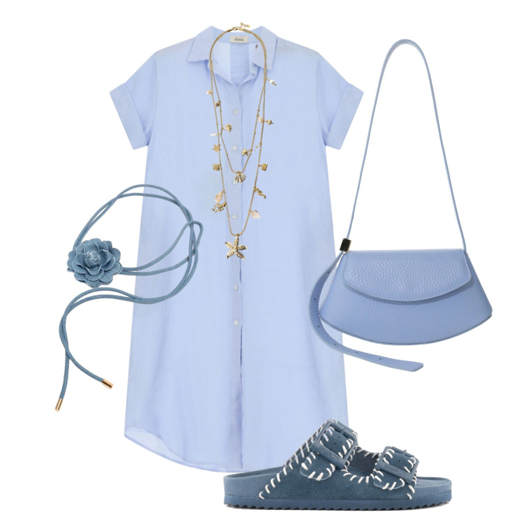 Outfit donna - Brezza marina. Stile Casual per Tutti i giorni. Abbinamento con borse a spalla, collane, vestiti chemisier, cinture, ciabatte.