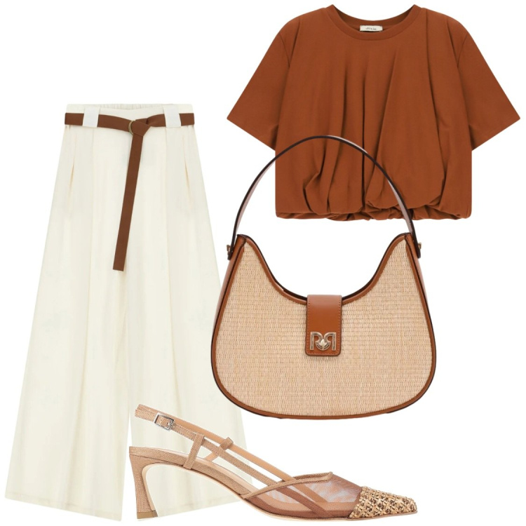 Outfit donna - Riunioni informali. Stile Chic per Ufficio. Abbinamento con décolleté, borse a spalla, t-shirt, pantaloni a palazzo.