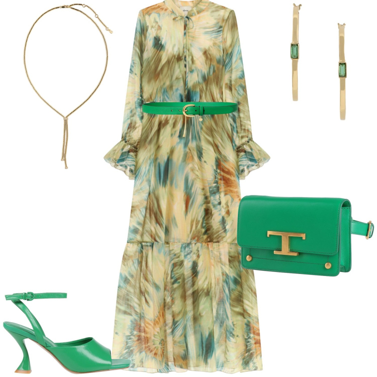 Outfit donna - Serata evento. Stile Chic per Serata fuori. Abbinamento con marsupi, sandali in pelle, orecchini, cinture, collane, vestiti lunghi.