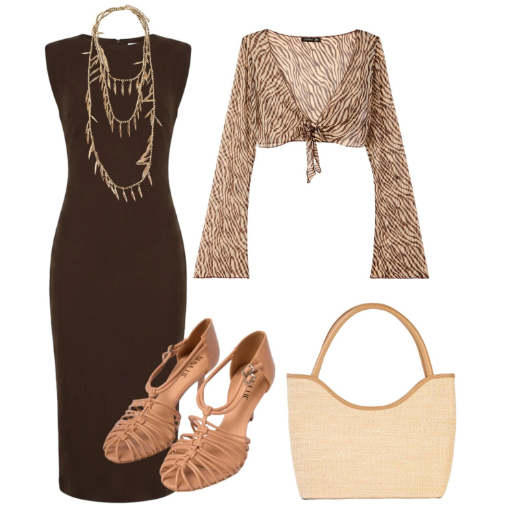 Outfit donna - Sandali protagonisti. Stile Trendy per Serata fuori. Abbinamento con shopping bag, blazer, collane, vestiti midi/longuette, sandali in pelle.