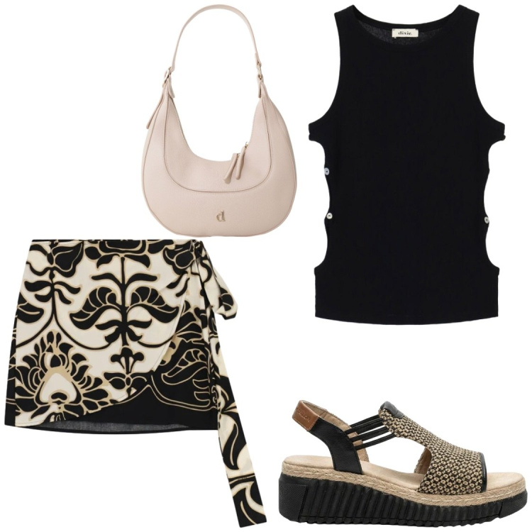 Outfit donna - Sandali comodi. Stile Chic per Serata fuori. Abbinamento con sandali, borse a tracolla, minigonne, top.