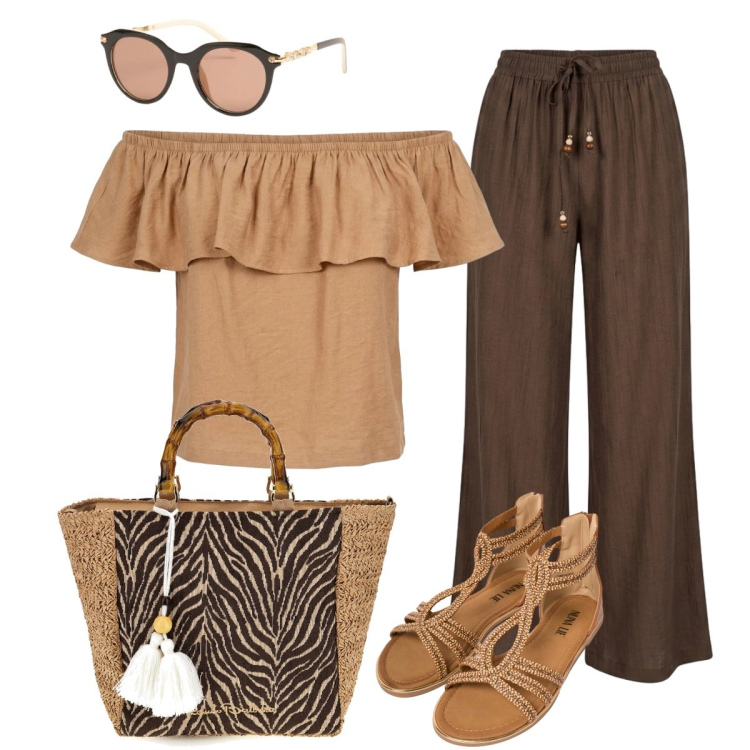 Outfit donna - Il top con lo scollo alla Bardot. Stile Glamour per Tutti i giorni. Abbinamento con sandali in pelle, pantaloni a palazzo, occhiali da sole, top, borse a mano.