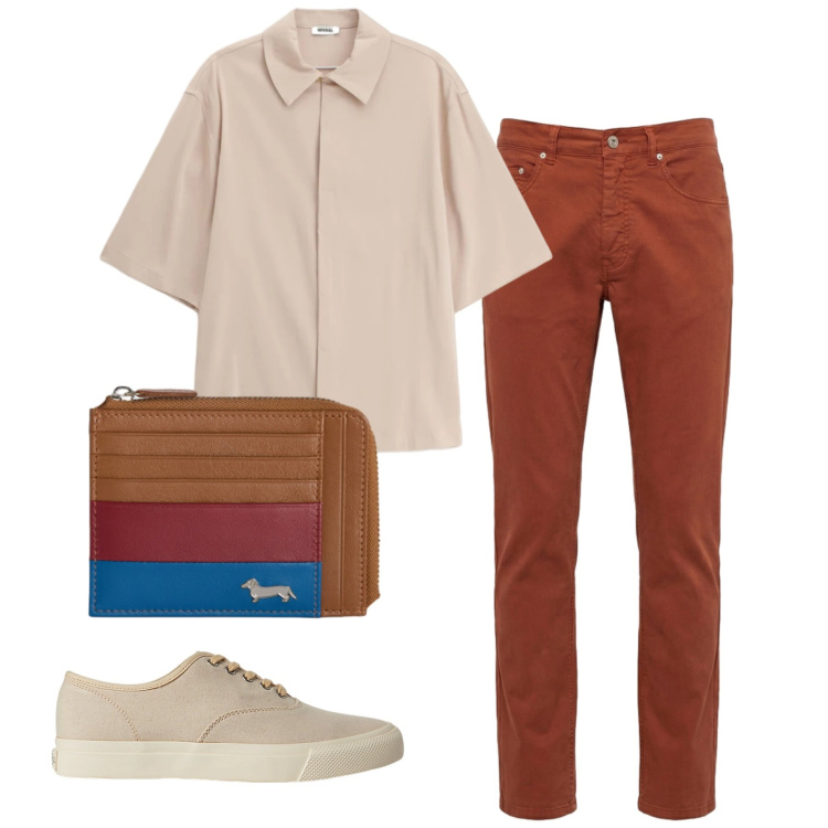 Outfit uomo - Tonalità calde. Stile Casual per Tutti i giorni. Abbinamento con pantaloni, portamonete, sneakers, camicie a manica corta.