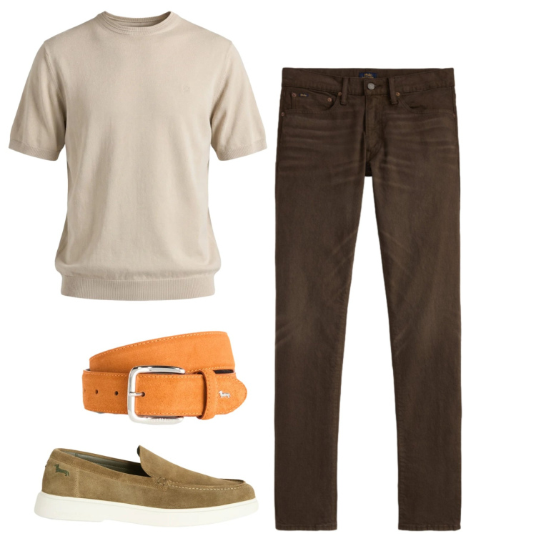 Outfit uomo - Arancio e marrone. Stile Casual per Tutti i giorni. Abbinamento con t-shirt, cinture, scarpe stringate, jeans.