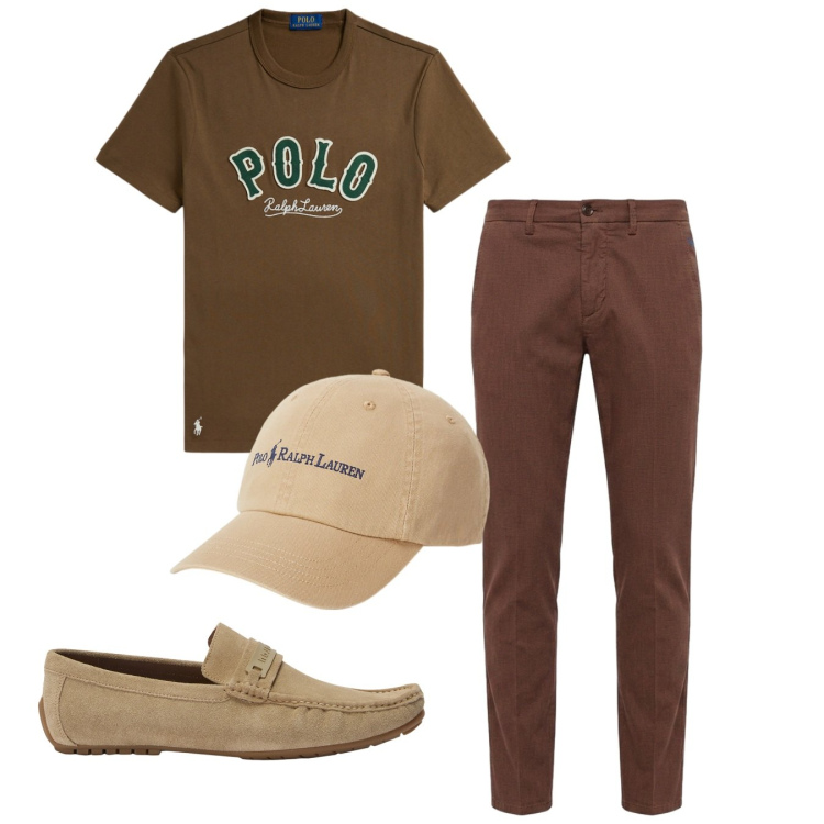Outfit uomo - Cacao. Stile Casual per Tutti i giorni. Abbinamento con scarpe stringate, pantaloni chino, cappelli, t-shirt.