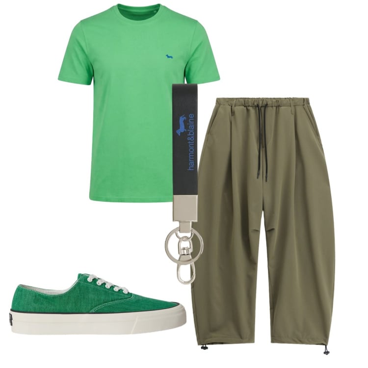 Outfit uomo - Estate verde. Stile Trendy per Tutti i giorni. Abbinamento con t-shirt, portachiavi, sneakers, pantaloni.