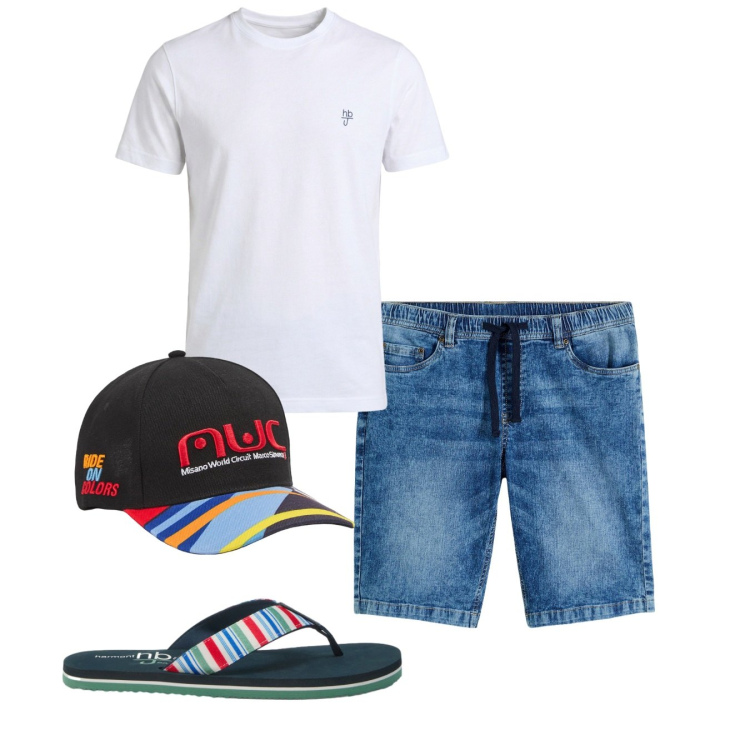 Outfit uomo - Easy day. Stile Casual per Tutti i giorni. Abbinamento con bermuda, t-shirt, sandali, cappelli con visiera.