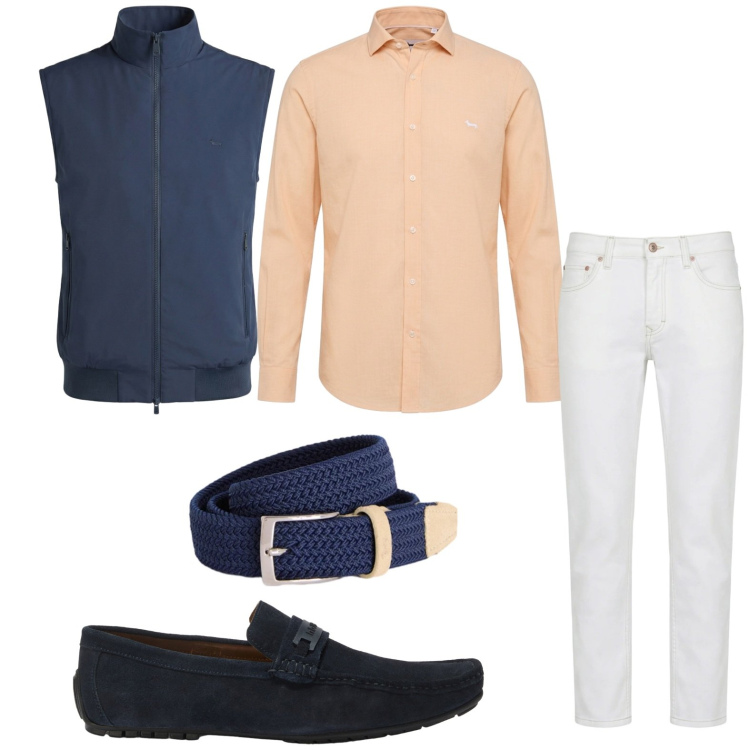Outfit uomo - Smart casual italiano. Stile Trendy per Tutti i giorni. Abbinamento con jeans, gilet, camicie, scarpe stringate, cinture.