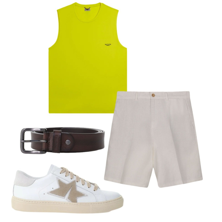 Outfit uomo - Verde lime. Stile Casual per Tutti i giorni. Abbinamento con canottiere, bermuda, sneakers, cinture.