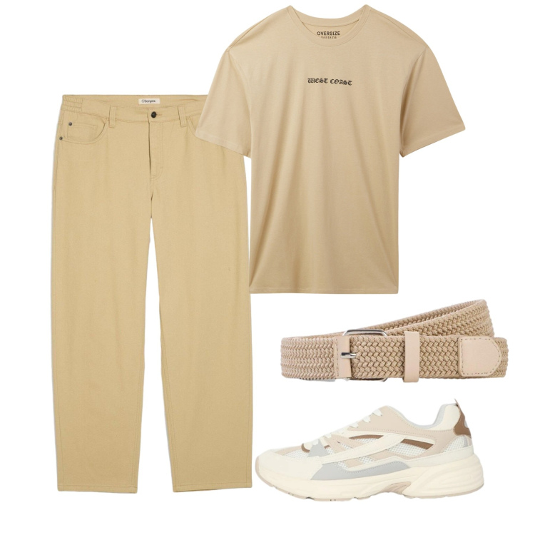 Outfit uomo - Total beige. Stile Casual per Tutti i giorni. Abbinamento con cinture, pantaloni, t-shirt, sneakers.