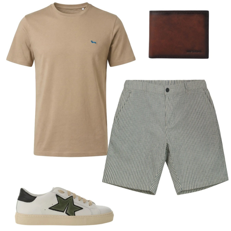 Outfit uomo - Righine e tshirt. Stile Casual per Tutti i giorni. Abbinamento con t-shirt, bermuda, sneakers, portafogli.