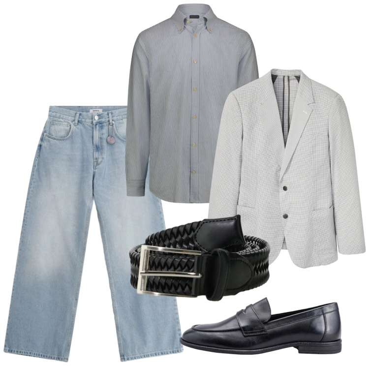 Outfit uomo - Giugno in jeans e giacca. Stile Casual per Tutti i giorni. Abbinamento con giacche, scarpe stringate, camicie, jeans, cinture.