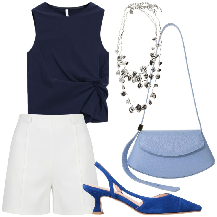 Outfit donna - Serata in bermuda. Stile Glamour per Serata fuori. Abbinamento con décolleté, canottiere, borse a spalla, pantaloni corti, collane.