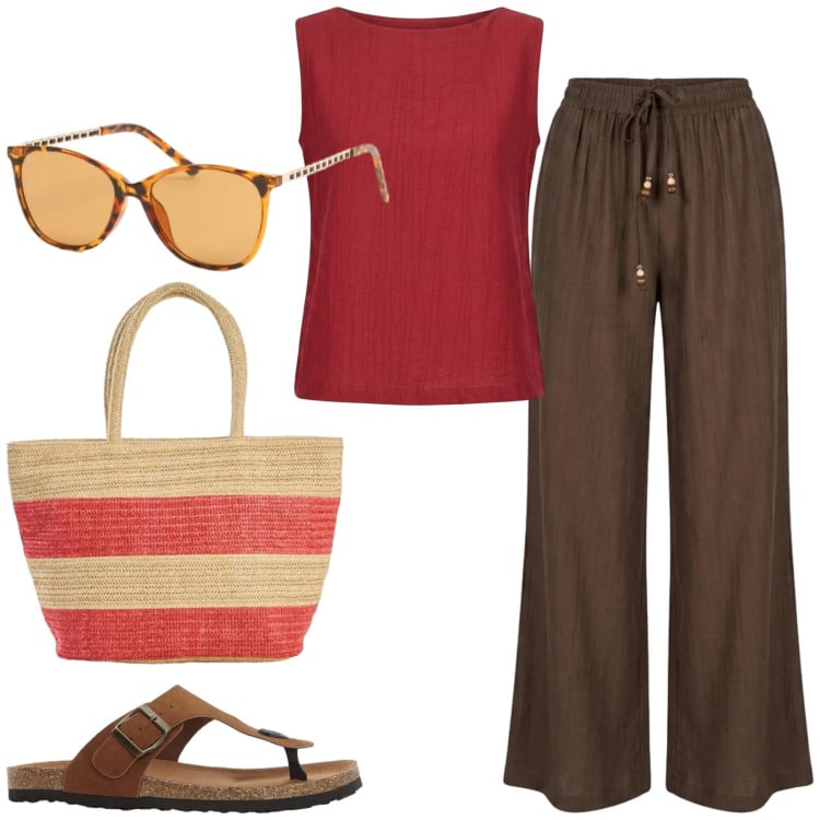 Outfit donna - Total look #2421219. Stile Casual per Tutti i giorni. Abbinamento con infradito, shopping bag, canottiere, occhiali da sole, pantaloni a palazzo.