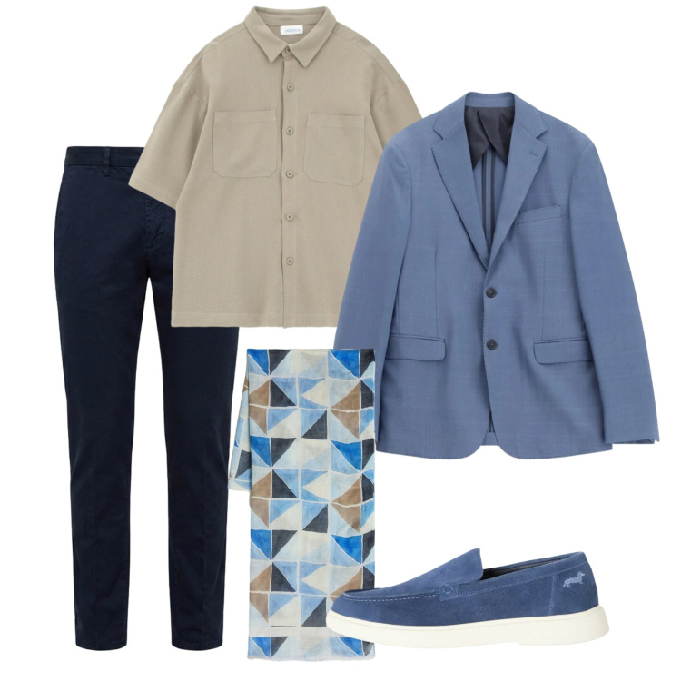 Outfit uomo - Giugno. Stile Casual per Tutti i giorni. Abbinamento con sciarpe, pantaloni chino, scarpe stringate, giacche, camicie a manica corta.