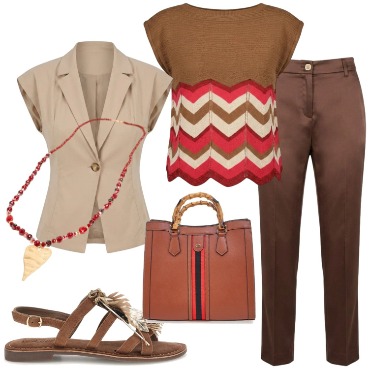 Outfit donna - Total look #2421232. Stile Casual per Tutti i giorni. Abbinamento con t-shirt, blazer, ciondoli, pantaloni, borse a tracolla, sandali.