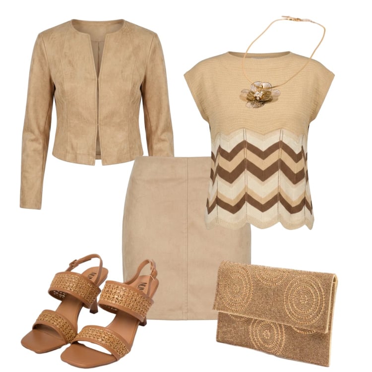 Outfit donna - Apericena new collection. Stile Glamour per Serata fuori. Abbinamento con clutch, t-shirt, minigonne, blazer, sandali in pelle, ciondoli.
