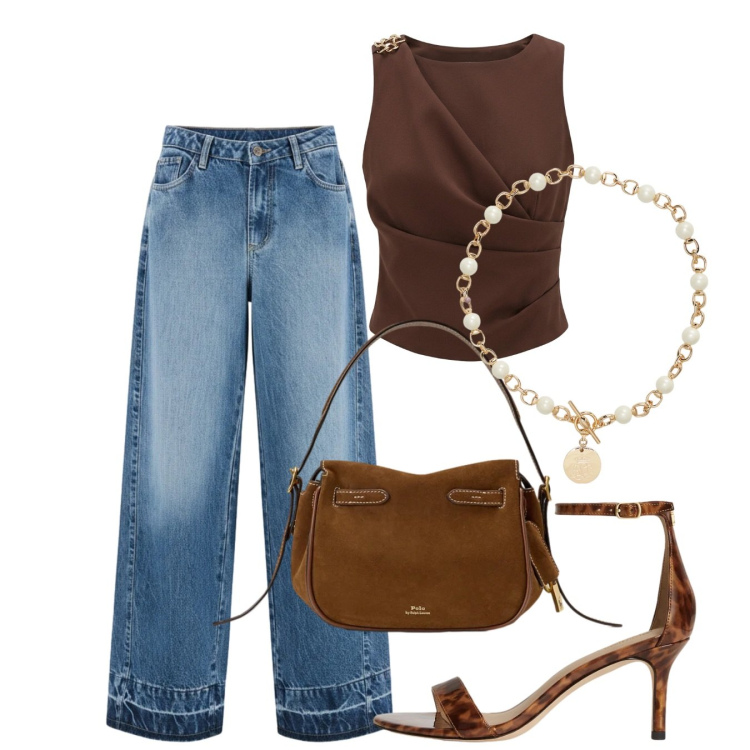 Outfit donna - Eleganza da protagonista. Stile Chic per Serata fuori. Abbinamento con top, jeans dritti, collane, borse a mano, sandali in pelle.