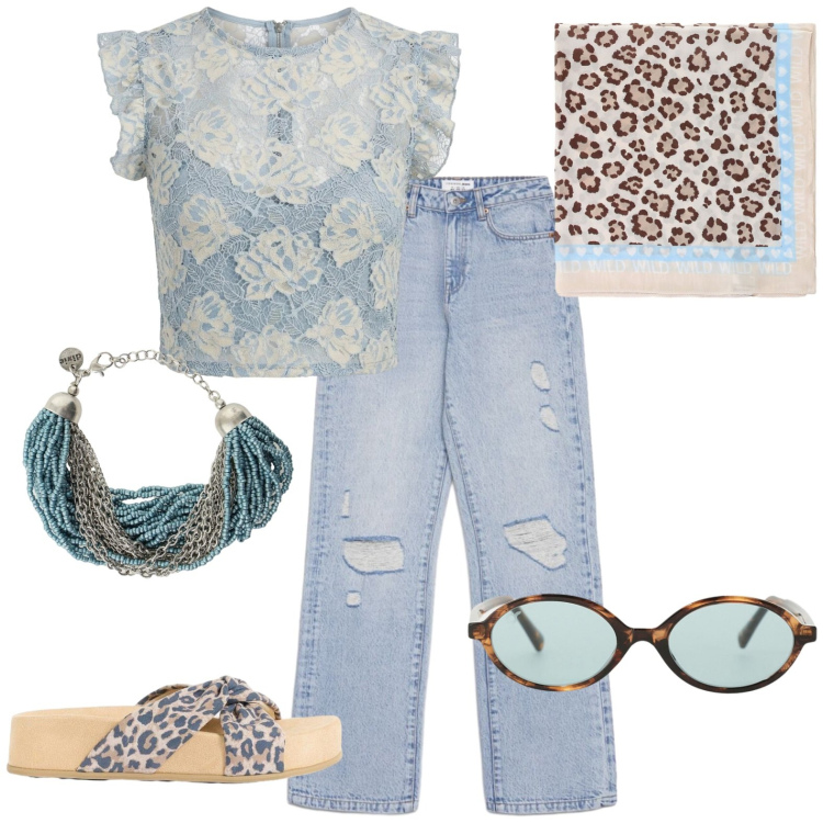 Outfit donna - Total look #2421252. Stile Casual per Tutti i giorni. Abbinamento con ciabatte, jeans strappati, occhiali da sole, foulard, braccialetti, top.