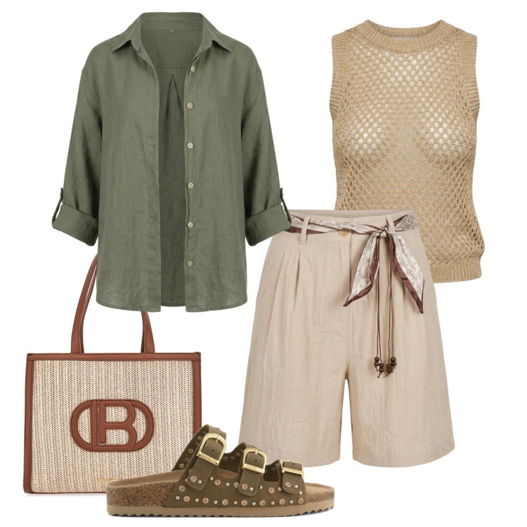 Outfit donna - Rilassata con stile. Stile Urban per Tutti i giorni. Abbinamento con bermuda, camicie, canottiere, borse a spalla, sandali.