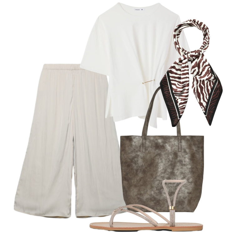 Outfit donna - Terranova - Island of summer. Stile Casual chic per Tutti i giorni. Abbinamento con t-shirt, sandali, foulard, pantaloni, shopping bag.
