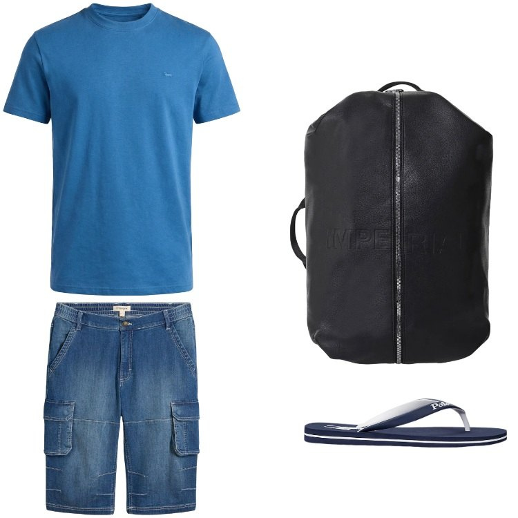 Outfit uomo - Total look #2421262. Stile Trendy per Mare. Abbinamento con bermuda, t-shirt, sandali, borse sportive.