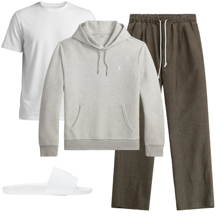 Outfit uomo - Total look #2421263. Stile Trendy per Mare. Abbinamento con t-shirt, felpe con cappuccio, sandali, pantaloni.