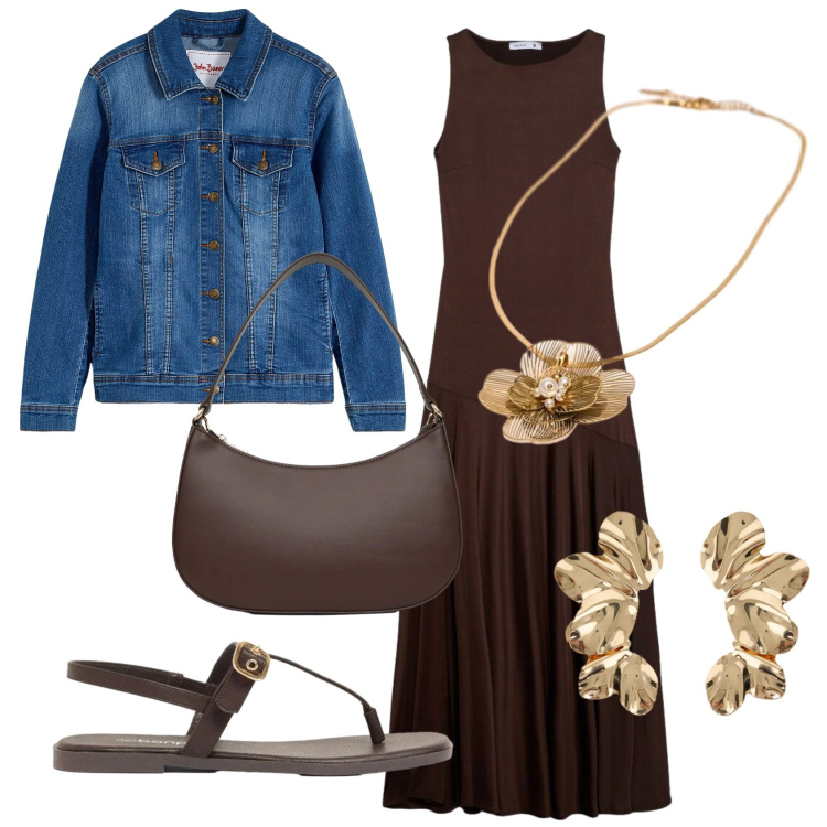 Outfit donna - Total look #2421268. Stile Minimal per Tutti i giorni. Abbinamento con sandali, blazer, vestiti lunghi, borse a tracolla, orecchini, ciondoli.
