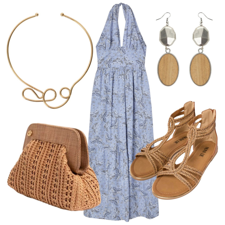 Outfit donna - Total look #2421270. Stile Romantica per Tutti i giorni. Abbinamento con vestiti lunghi, collane, orecchini, clutch, sandali in pelle.