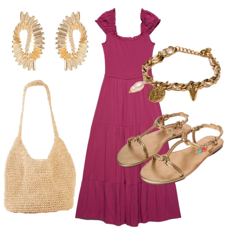 Outfit donna - Total look #2421272. Stile Boho per Serata fuori. Abbinamento con shopping bag, vestiti lunghi, orecchini, sandali in pelle, braccialetti.