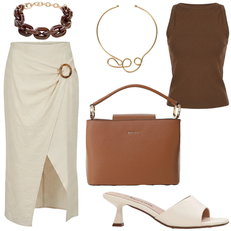 Outfit donna - Workwear. Stile Chic per Ufficio. Abbinamento con sandali, braccialetti, borse a secchiello, collane, canottiere, gonne longuette.