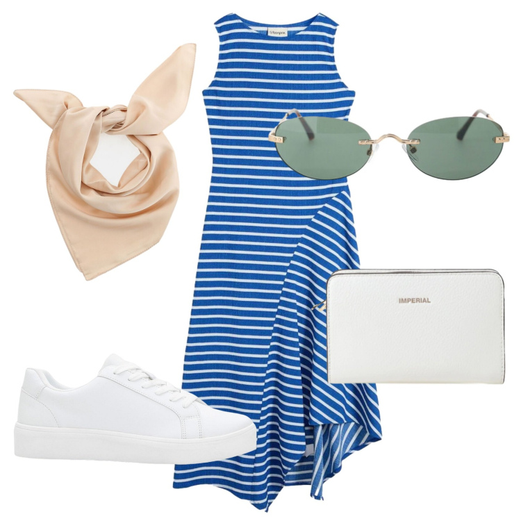 Outfit donna - Total look #2421274. Stile Casual per Tutti i giorni. Abbinamento con vestiti lunghi, sneakers, foulard, occhiali da sole, borse a tracolla.