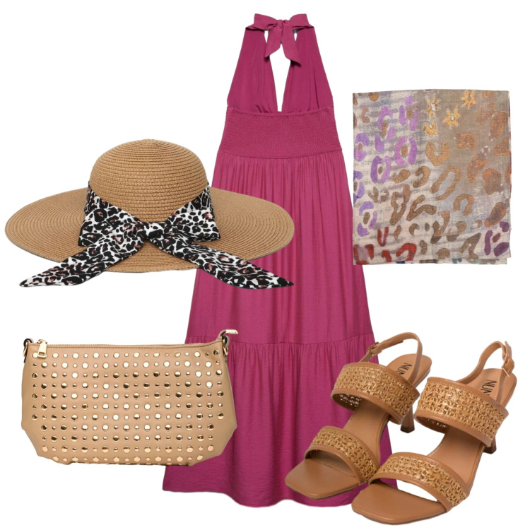 Outfit donna - Total look #2421277. Stile Casual chic per Tutti i giorni. Abbinamento con cappelli, vestiti lunghi, borse a tracolla, sandali in pelle, sciarpe.