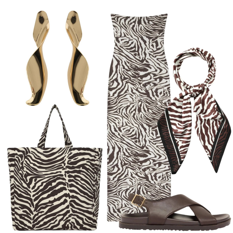 Outfit donna - Total look #2421280. Stile Trendy per Tutti i giorni. Abbinamento con sandali in pelle, vestiti lunghi, shopping bag, foulard, orecchini.