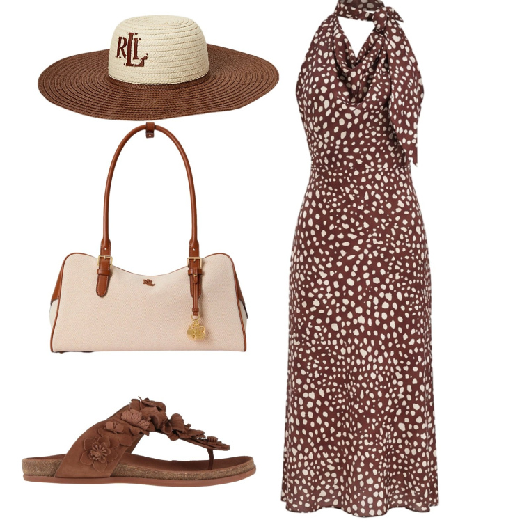 Outfit donna - Chic casual. Stile Casual chic per Serata fuori. Abbinamento con infradito, vestiti midi/longuette, cappelli, borse a mano.