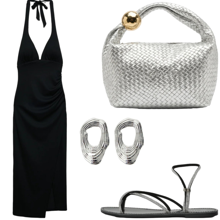 Outfit donna - Accessori silver per brillare. Stile Glamour per Serata fuori. Abbinamento con vestiti midi/longuette, sandali, orecchini, borse a mano.