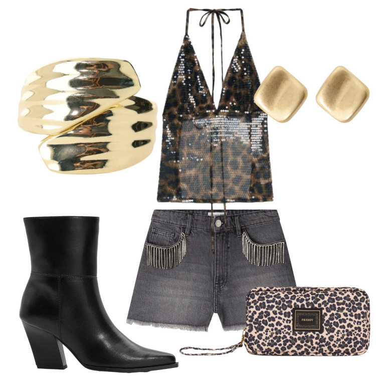 Outfit donna - Total look #2421284. Stile Sexy per Serata fuori. Abbinamento con stivaletti, shorts, top, anelli, orecchini, valigie.